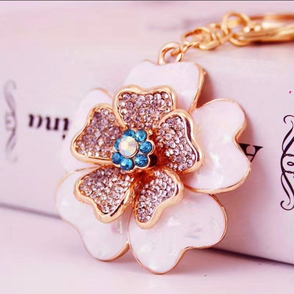 Rhinestone Peony Flower Alloy Keychain